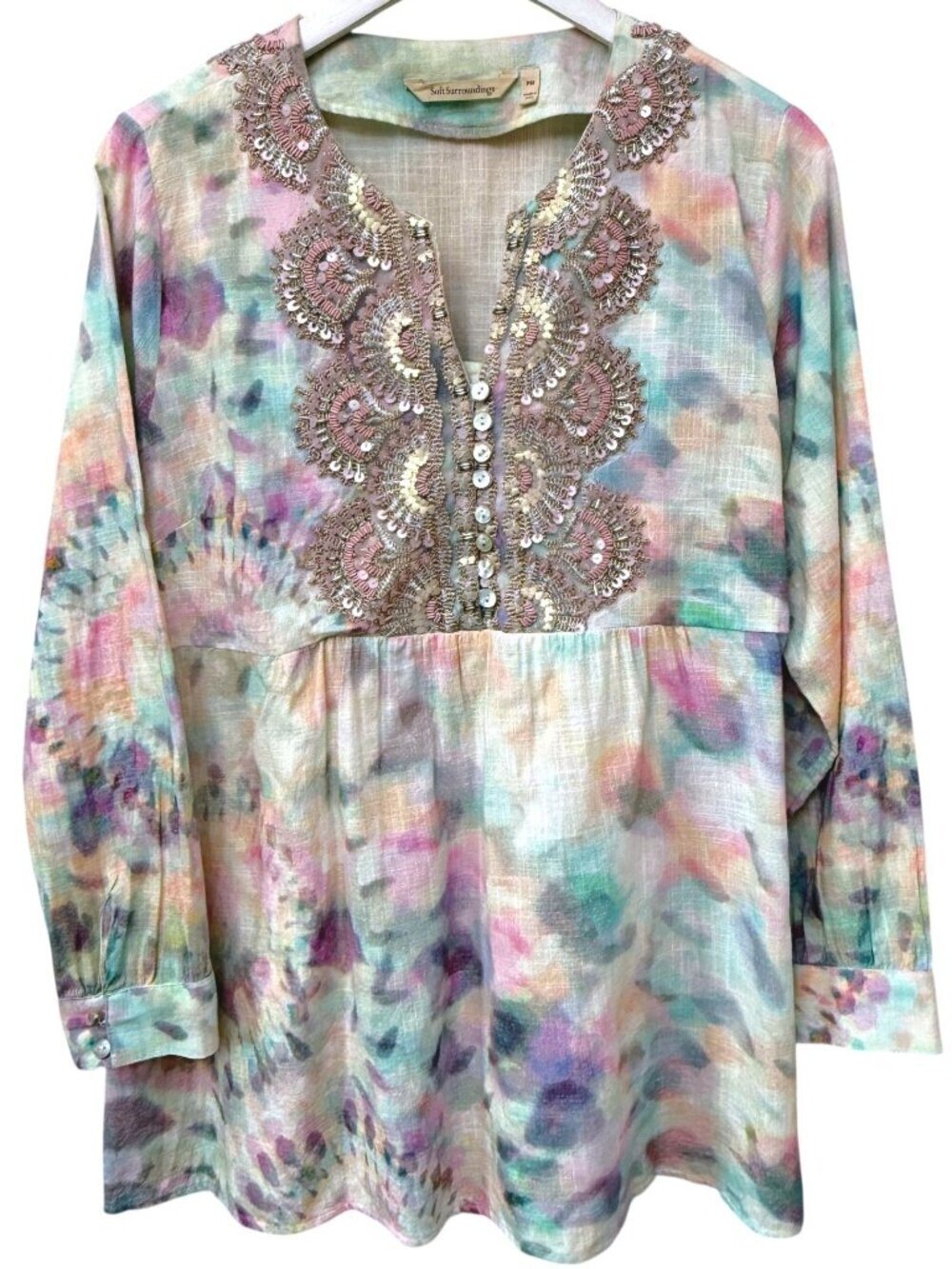 Soft Surroundings Bazille Tunic Blouse Womens Medium Petite Pink Tie Dye Boho